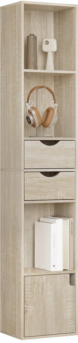 Famanu – Boekenkast met laden en deur, staand opbergrek van licht eiken, 30 x 158 x 24 cm, voor woonkamer en slaapkamer