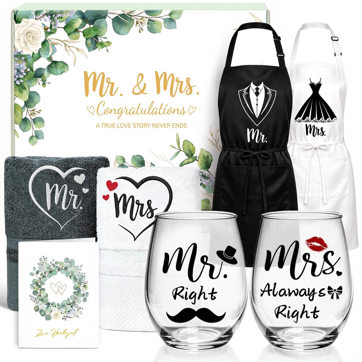 Bruiloftscadeaus voor bruidspaar - 7-in-1 gepersonaliseerd - glazen schort handdoek en kaart - ShopVlot