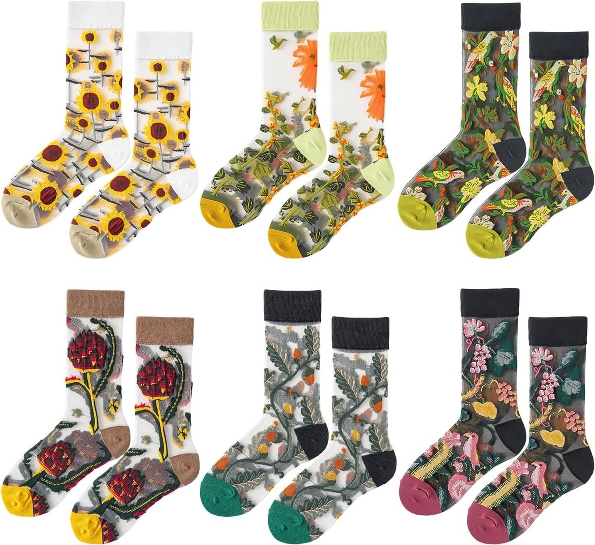 Paar Damessokken met Ruches - Meerkleurig - Maat 40 - Retro Geborduurd Bloemenpatroon - Voor Dames