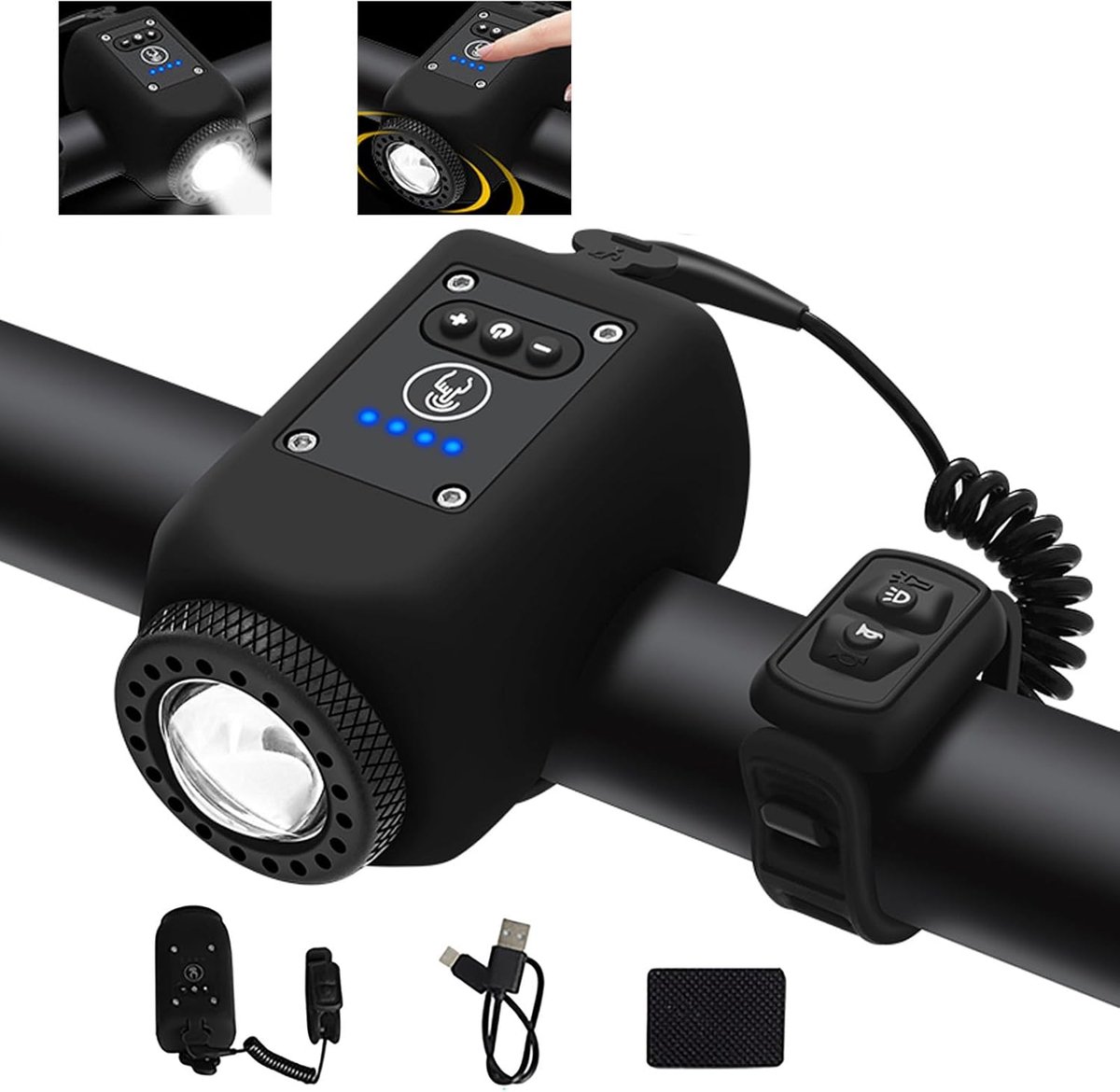 Fietslamp - Fietslamp USB Oplaadbaar - Waterdicht Fietslicht - Fietsverlichting - Elektrische Fietsclaxon Met Fietsverlichting - 110 Db - Zwart - MTB & Racefiets Verlichting - oplaadbaar LED fietslicht USB oplaadbaar met claxon - Veilig Fietsen