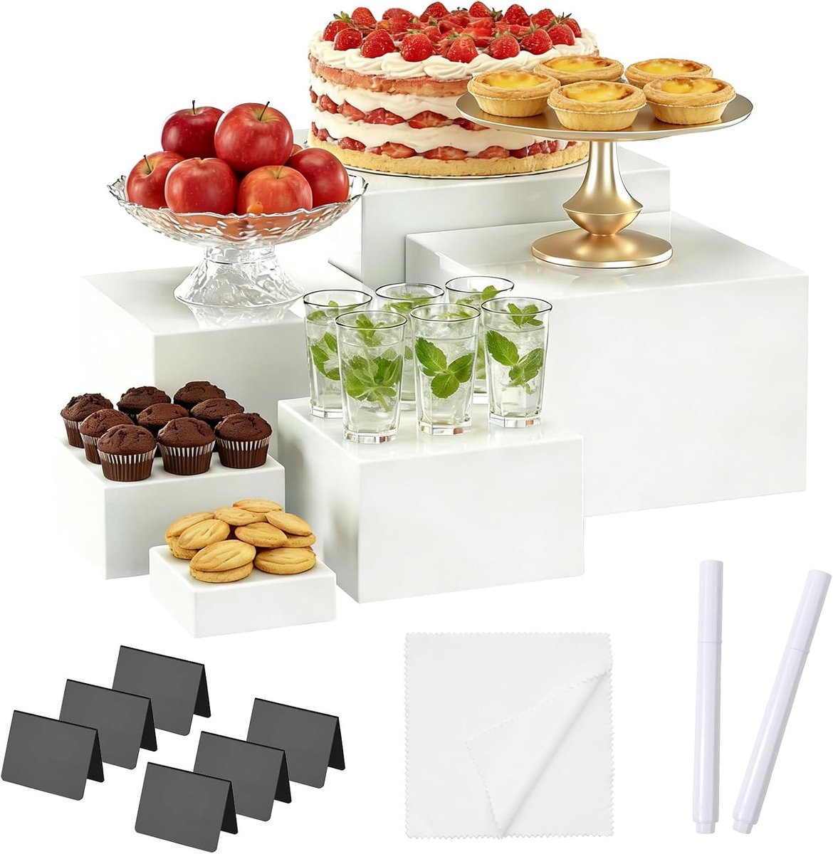Buffet stand 6 delig - acryldozen met mini borden - inclusief schrijfgereedschap - ideaal voor buffets - ShopVlot