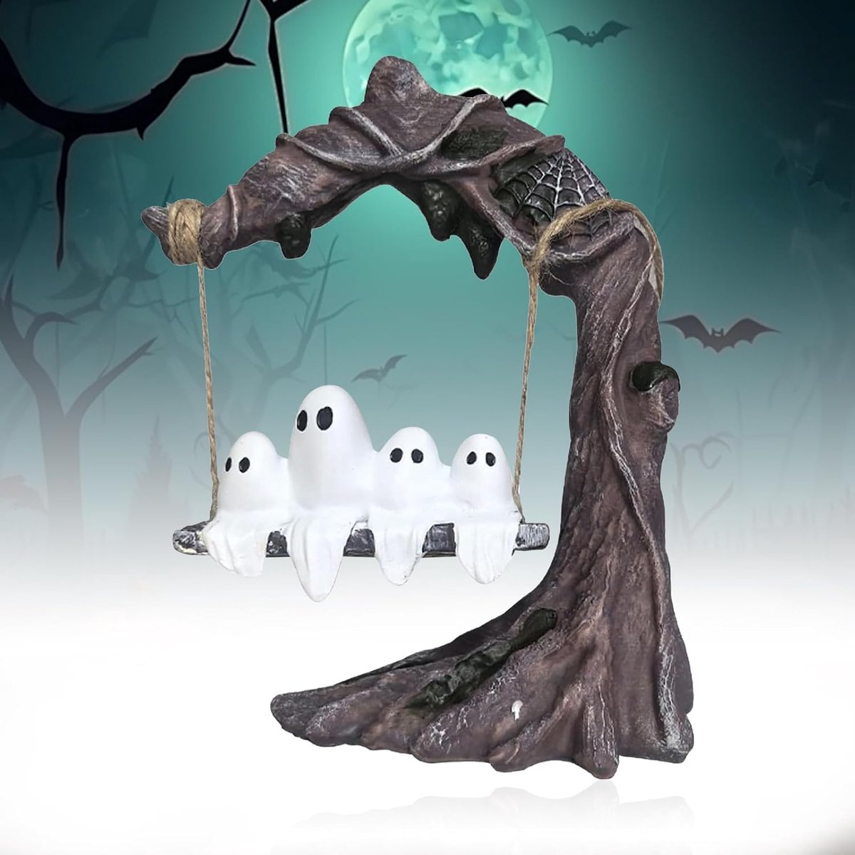 1 Halloween Spookornament - 16×6×16cm - Hars - Klein spookbeeldje op een schommel - Geschikt voor woonkamer, kast, tafel, bureau, feestjes, schoorsteenmantel of keuken