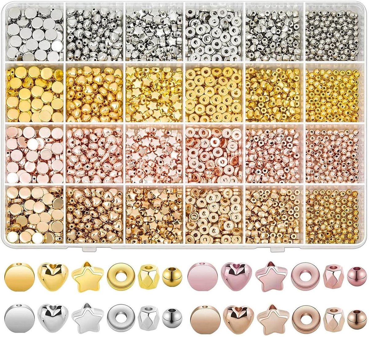 2160 stuks gouden spacerkralen set, geassorteerde ronde stervormige platte gouden gladde losse kralen voor vriendschapsarmbanden en sieraden maken
