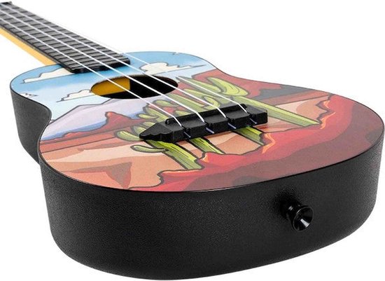 Ukulele met cactussen en woestijnlandschap op de body.