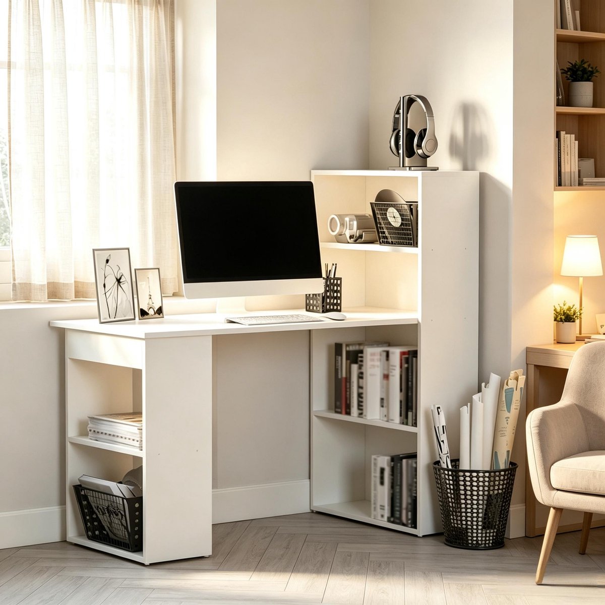 Bureau - met opbergruimte - wit - afmetingen 120 x 55 x 120 cm - materiaal spaanplaat - voor een praktische en georganiseerde werkplek