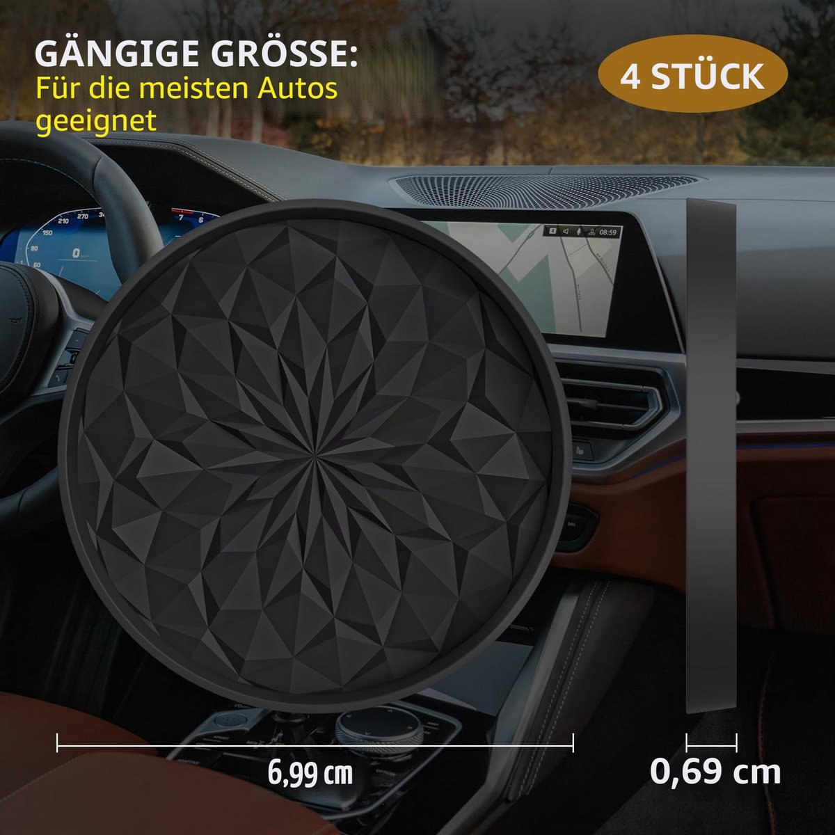 Onderzetters voor autocupholders [Set van 4] – 7 cm – Siliconen mat voor autobekers – Universele, ingebouwde, antislip interieuraccessoires voor auto – Zwart