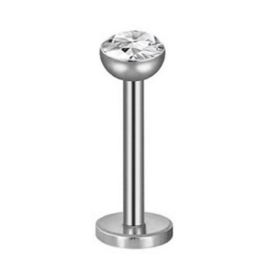 Zilverkleurige labret piercing met een witte steen aan de bovenkant en een platte basis.