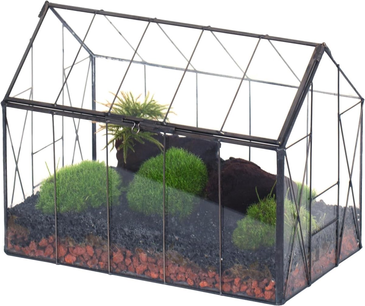 NCYP 24 x 14 x 18,5 cm glazen terrarium met deksel, binnen vintage gesloten huisvorm, kleine broeikasbox, zwart - ShopVlot