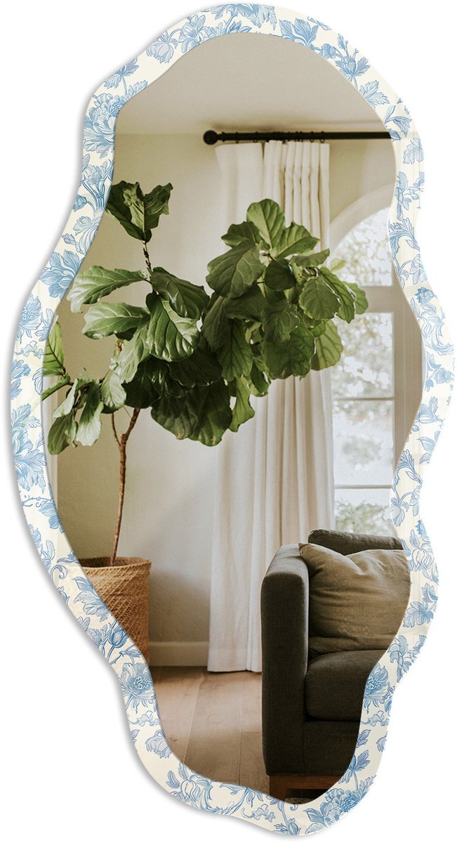 TULUP Bloemenpatroon Spiegel - Blauw Elegante Rechthoekige Wandspiegel - Organische Spiegel - Slaapkamer, Woonkamer, Hal - Klassiek - 45x90 cm - Totale afmeting 52x97 cm Bloemenpatroon, Blauw