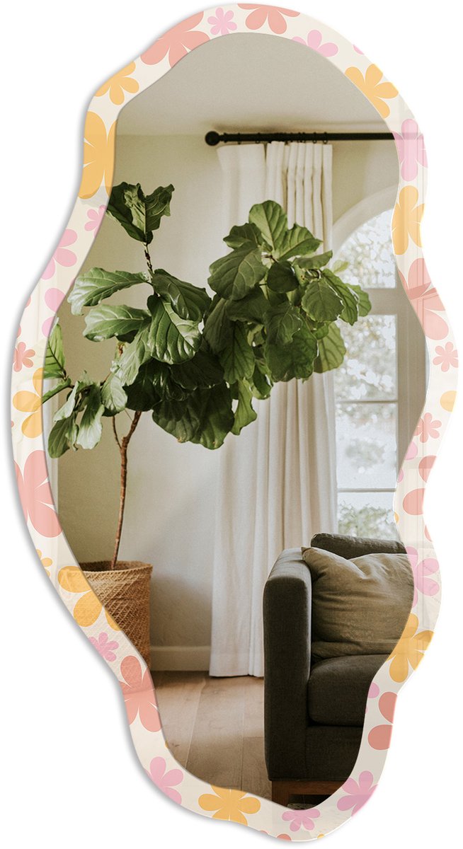 TULUP Bloemenpatroon Spiegel - Romig Elegante Rechthoekige Wandspiegel - Organische Spiegel - Slaapkamer, Woonkamer, Kledingkast - Illustratief - 45x90 cm - Totale afmeting 52x97 cm BloemenpatroonPatroon, Crème