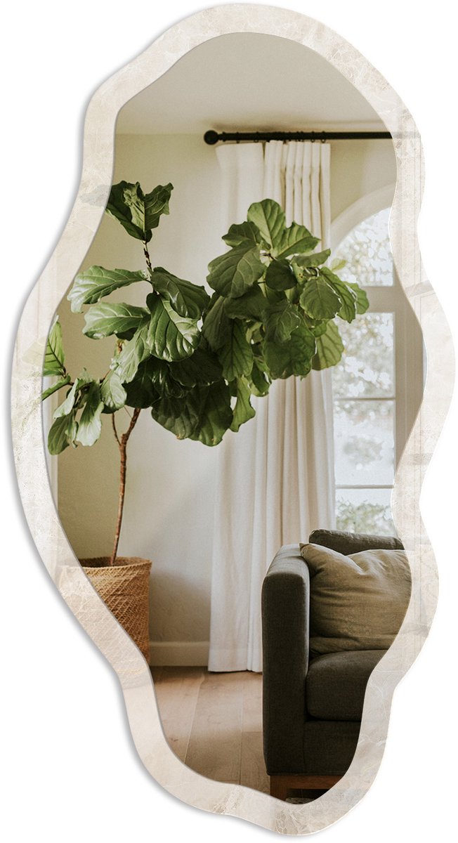 TULUP Neutraal Marmer Spiegel - Beige Moderne Rechthoekige Wandspiegel - Organische Spiegel - Badkamer, Slaapkamer, Woonkamer - Klassiek - 45x90 cm - Totale afmeting 52x97 cm Neutraal Beige Marmer