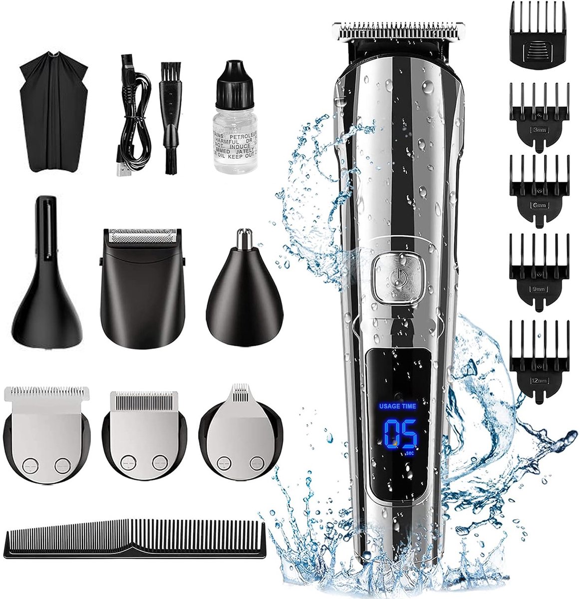 Professionele draadloze tondeuse – Inclusief 16 opzetstukken – Haartrimmer voor heren – Tondeuse voor mannenhoofdhaar – Trimmer voor heren – Baardtrimmer – Kappertrimmer – Kappersset – Professionele barbierset
