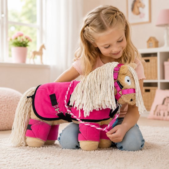 Meisje met blonde vlechten speelt met knuffelpony met roze deken en beenbeschermers.
