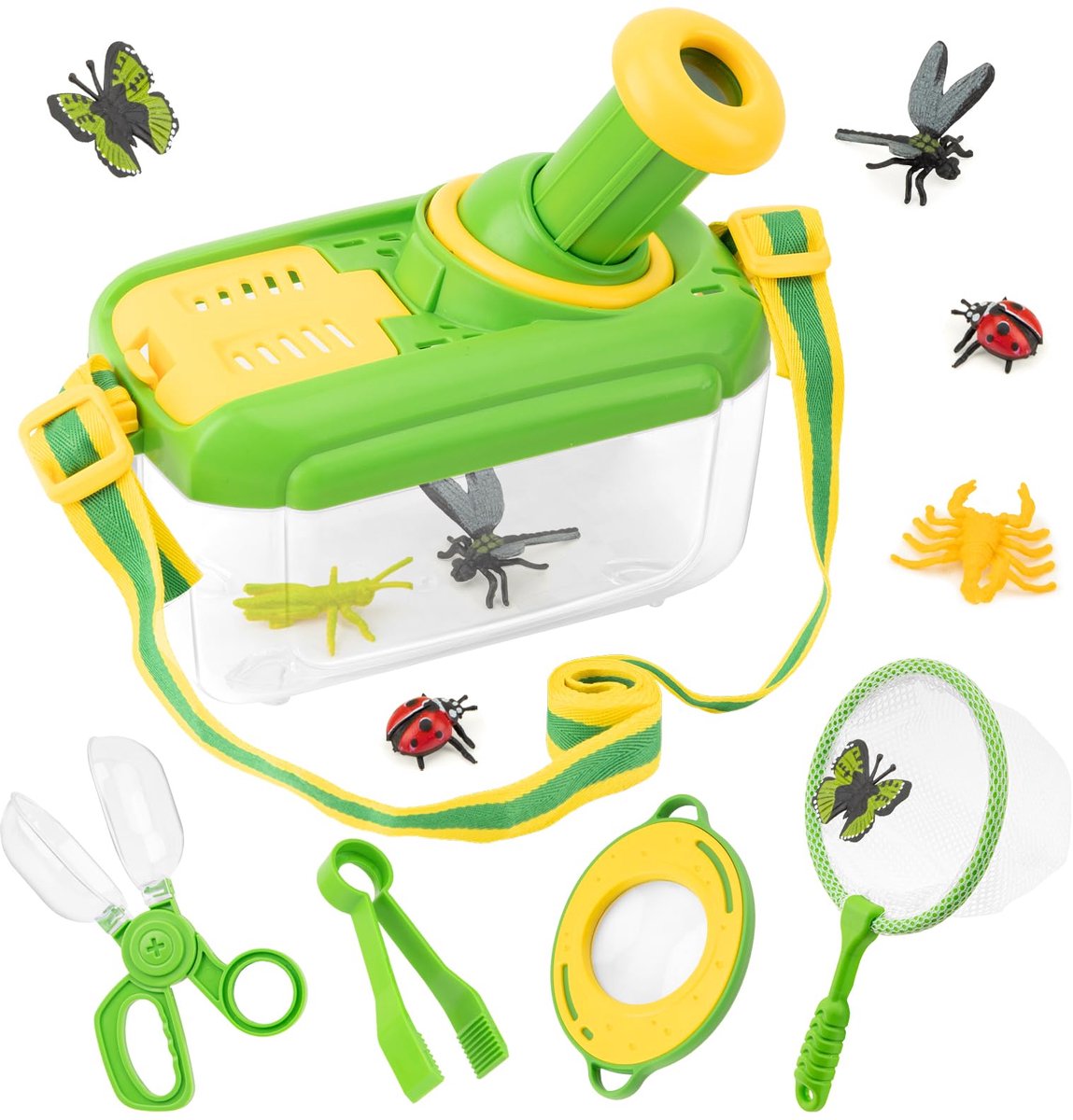 Onderzoeksset voor kinderen - Ontdekkingsset - met insectenobservatiebox - vergrootglas voor kinderen - insectenvanger - 12 nep-insecten - vlindernet - Cadeaus voor jongens en meisjes - Groen