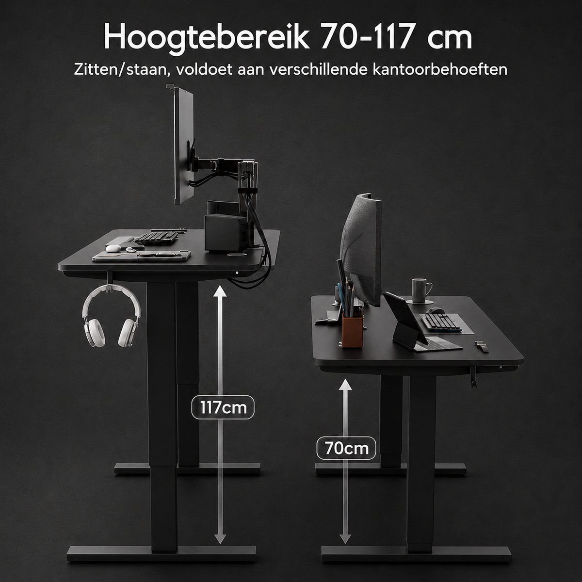 HOMAVO Elektrisch Verstelbaar Bureau 80×160cm- Zit-Sta Bureau met Geheugenfunctie - Anti-Botsingssysteem - Stil Elektrisch Liftsysteem - Hoogte 70-117 cm - Draagvermogen 70 kg thumbnail 3