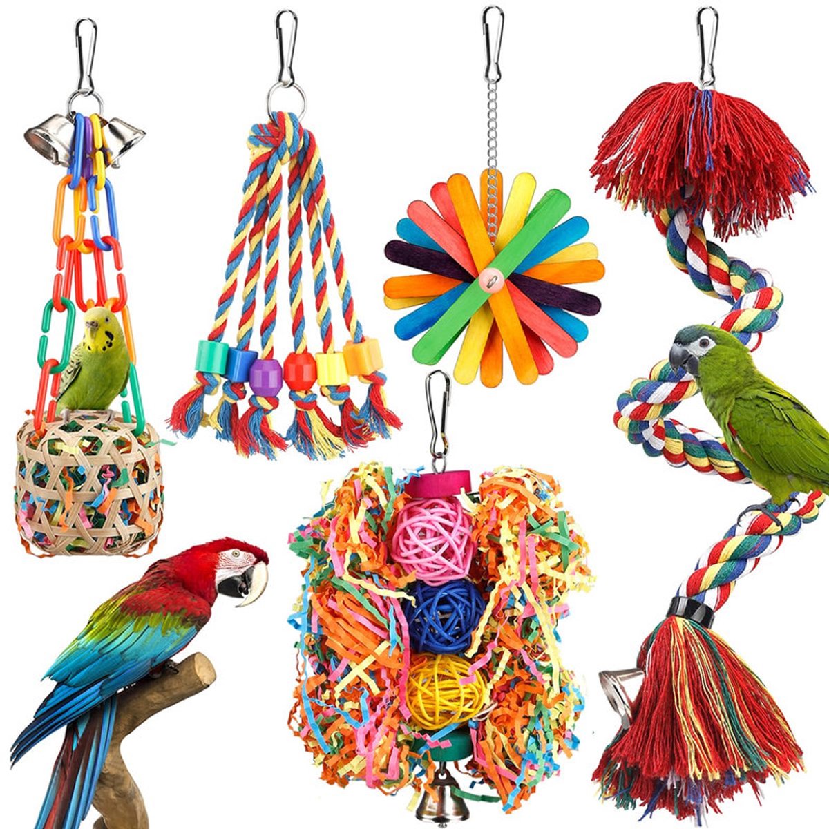 Vogelspeelgoed voor parkieten - Touwbaars met bel en hangende kauwspeeltjes - foerageer- en versnipperingsspeelgoed van hout, rotan en papier - voor vogelkooien