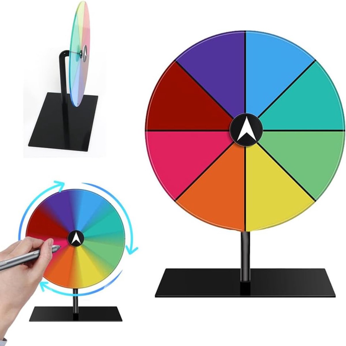 QUOVO® Rad van Fortuin - Draaiwiel 20 cm - Draairad - Gezelschapsspel - 8 Schrijfvakken - Met Markeerstift en Wisser – Tafelmodel – Prijswiel - Acryl - Meerkleurig - 22cm x 22cm x 2cm