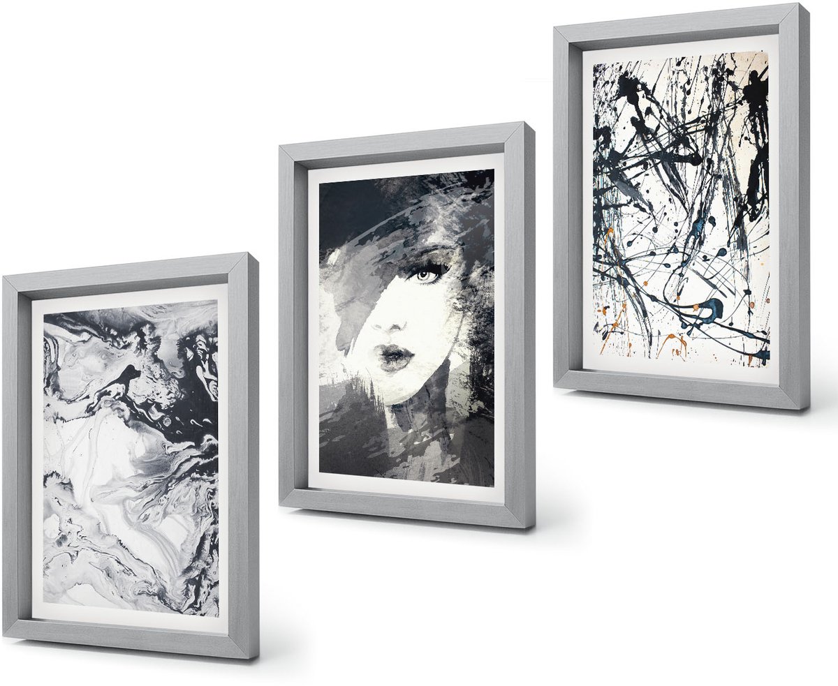 Coloray 4-Delige Schilderij Set - Abstracte patronen in zwart-wit tinten - 20 x 30 cm - Wanddecoratie - Muurdecoratie - Woonkamer - Decoratieve Schilderijen Zilveren lijst