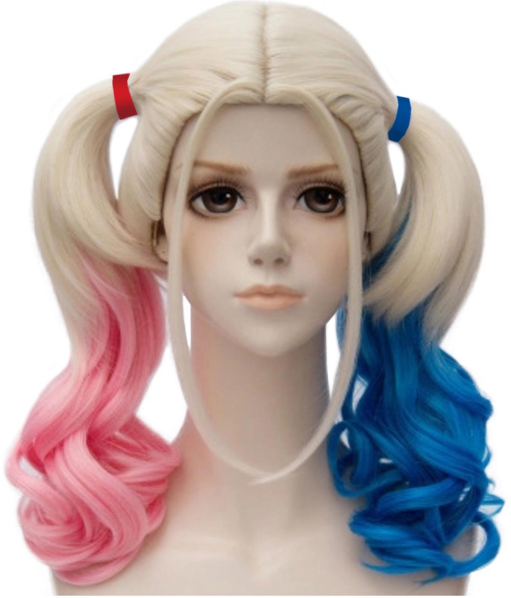 Harley Quinn Pruik Cosplay - Blond met Blauw/Roze Lokken