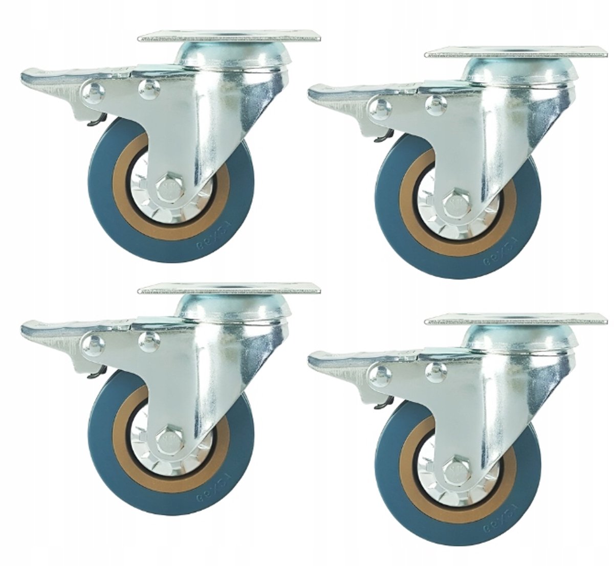 Set van 4 zwenkwielen met rem, 100mm, 55kg, blauw PVC, montageplaat