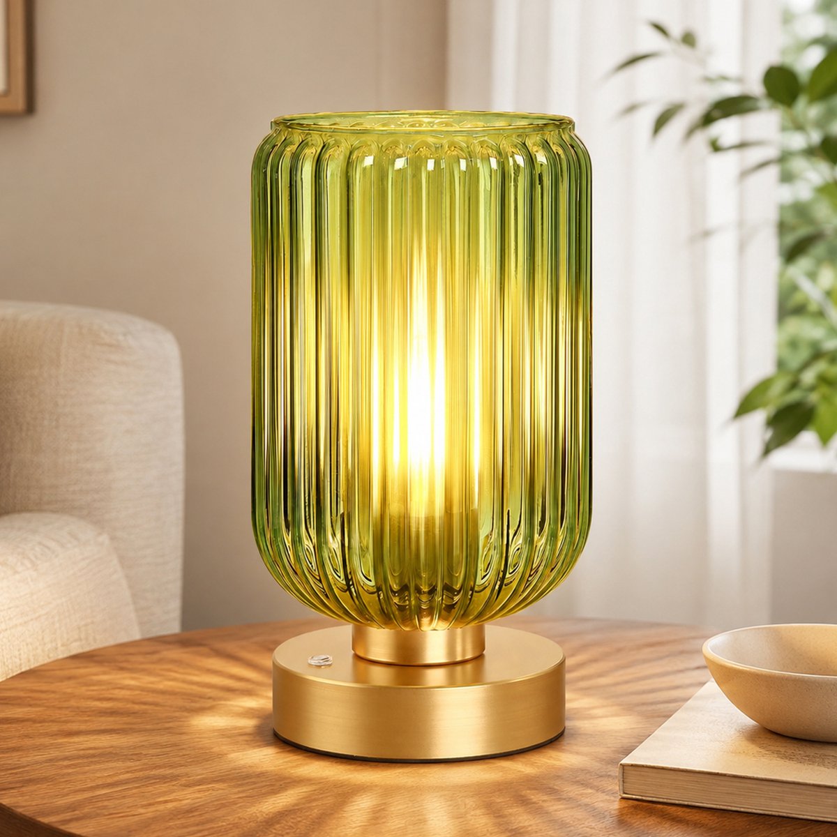 Rosnek Draadloze Tafellamp Mid-Century - Touch Dimbaar - Oplaadbare Bedlamp met Groen Glas - Vintage Nachtlamp 7500mAh - Sfeerlamp - Slaapkamer Woonkamer - Set van 1