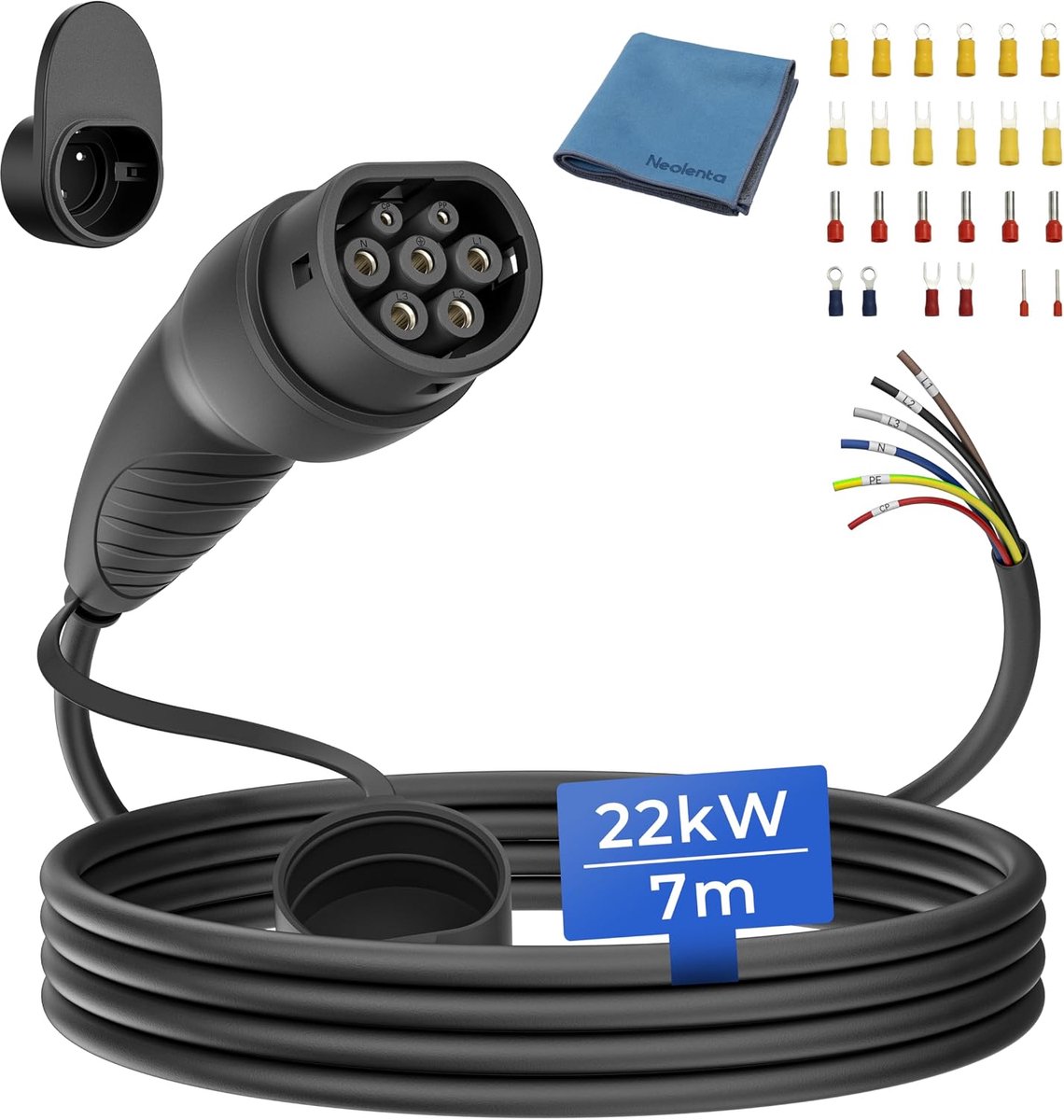 Charging Cable Type 2 Open End 22kW 23 ft, Replacement Cable Wallbox 32A 3-Phase - ShopVlot