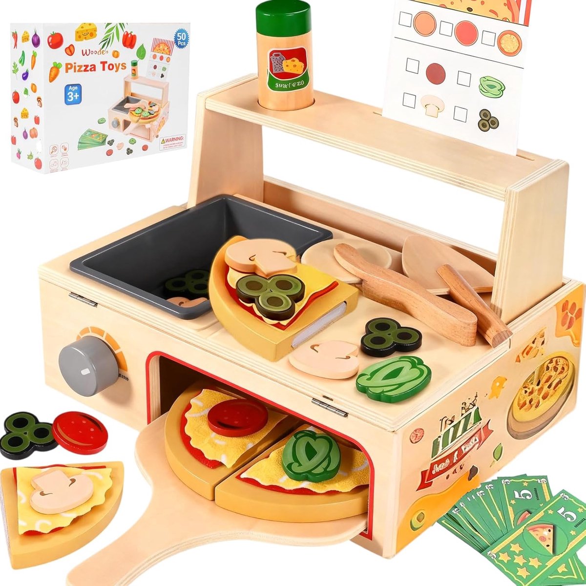 Houten speelgoed pizza set - 50-delig - pizzaoven met snijder - rolspel voor kinderen vanaf 3 jaar