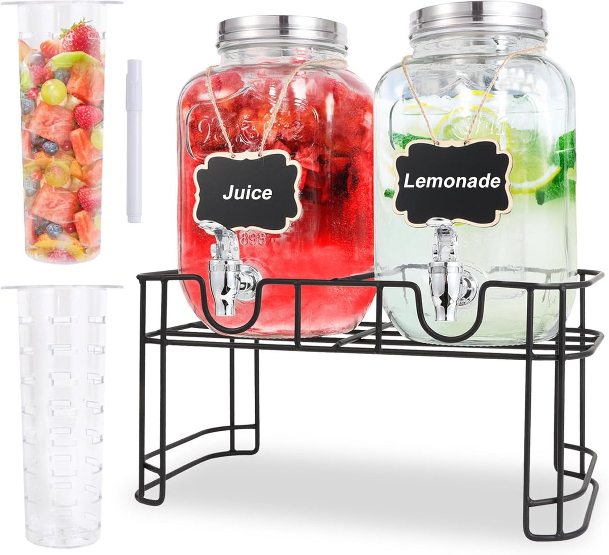 Glazen drankdispenser 2 x 4 liter - met tap en fruitinfuser - ideaal voor feesten en barbecues