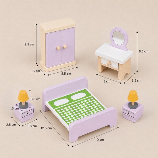 Houten slaapkamerset met paars bed, groene deken, twee nachtkastjes met gele lampjes, kledingkast en kaptafel.