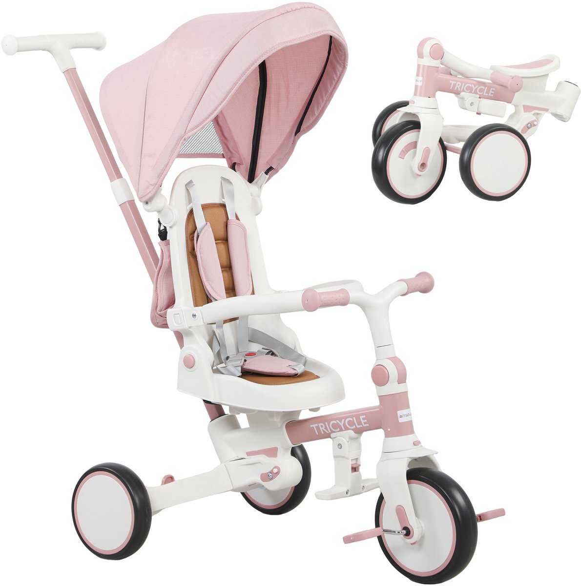 TEKROA® 5-in-1 kinderdriewieler met verstelbare rugleuning -peuterdriewieler met duwstang - verstelbare rugleuning - roze