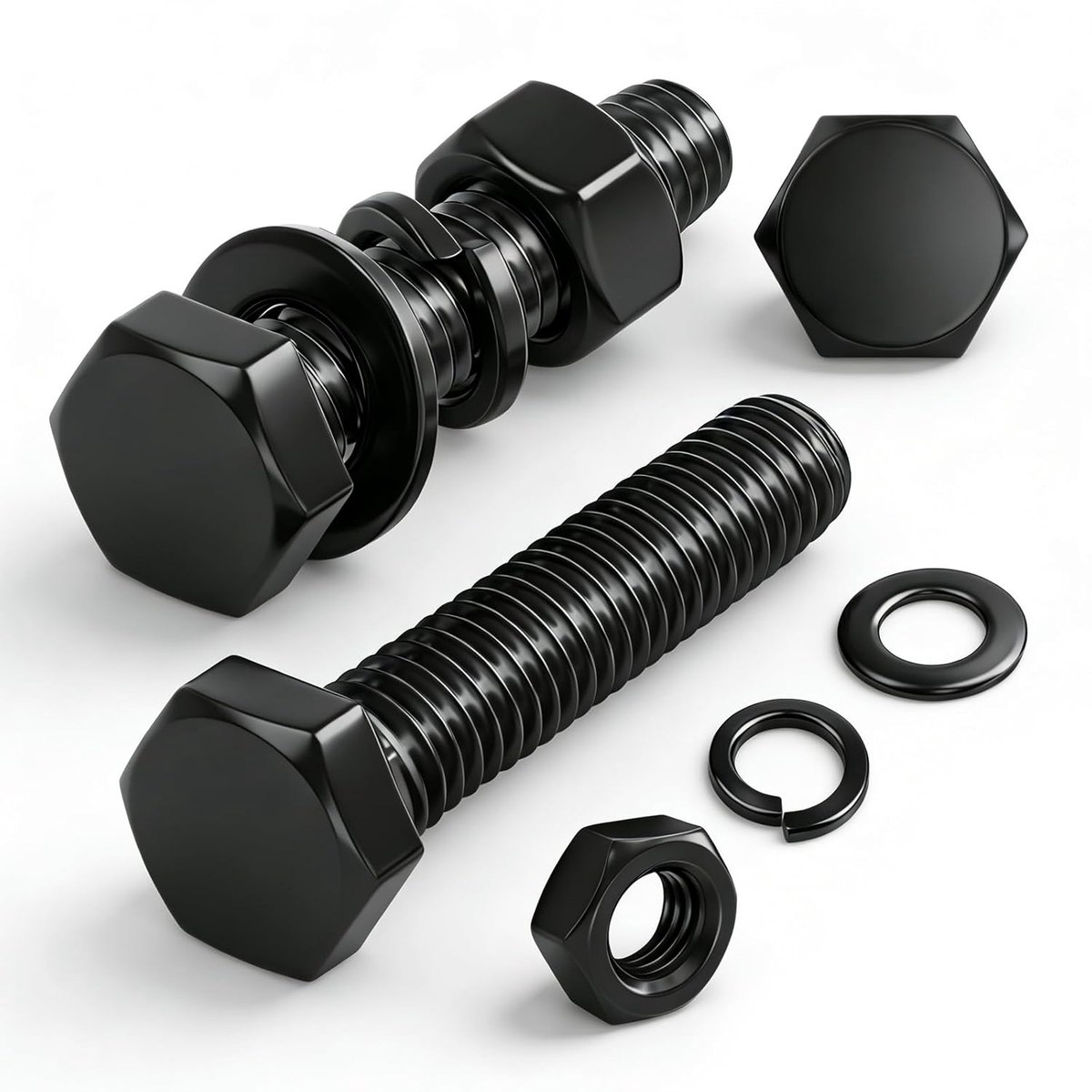12pcs M10 Black Hex Head Screws, Nuts and Washers, M10 x 20mm Carbon Steel Hex Head Screw, Bolts and Nuts for - ShopVlot