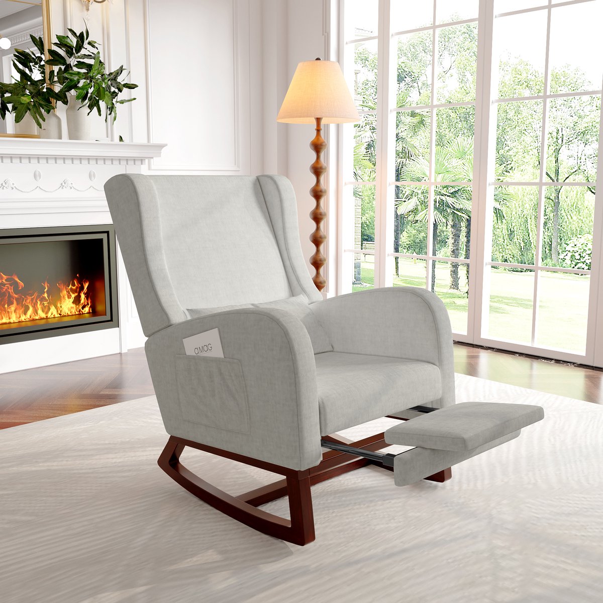 Schommelstoel 64x67x99 cm met voetenbank, relaxstoel, gestoffeerde fauteuil voor woonkamer, verpleegstoel, houten poten, linnen-katoen, grijs