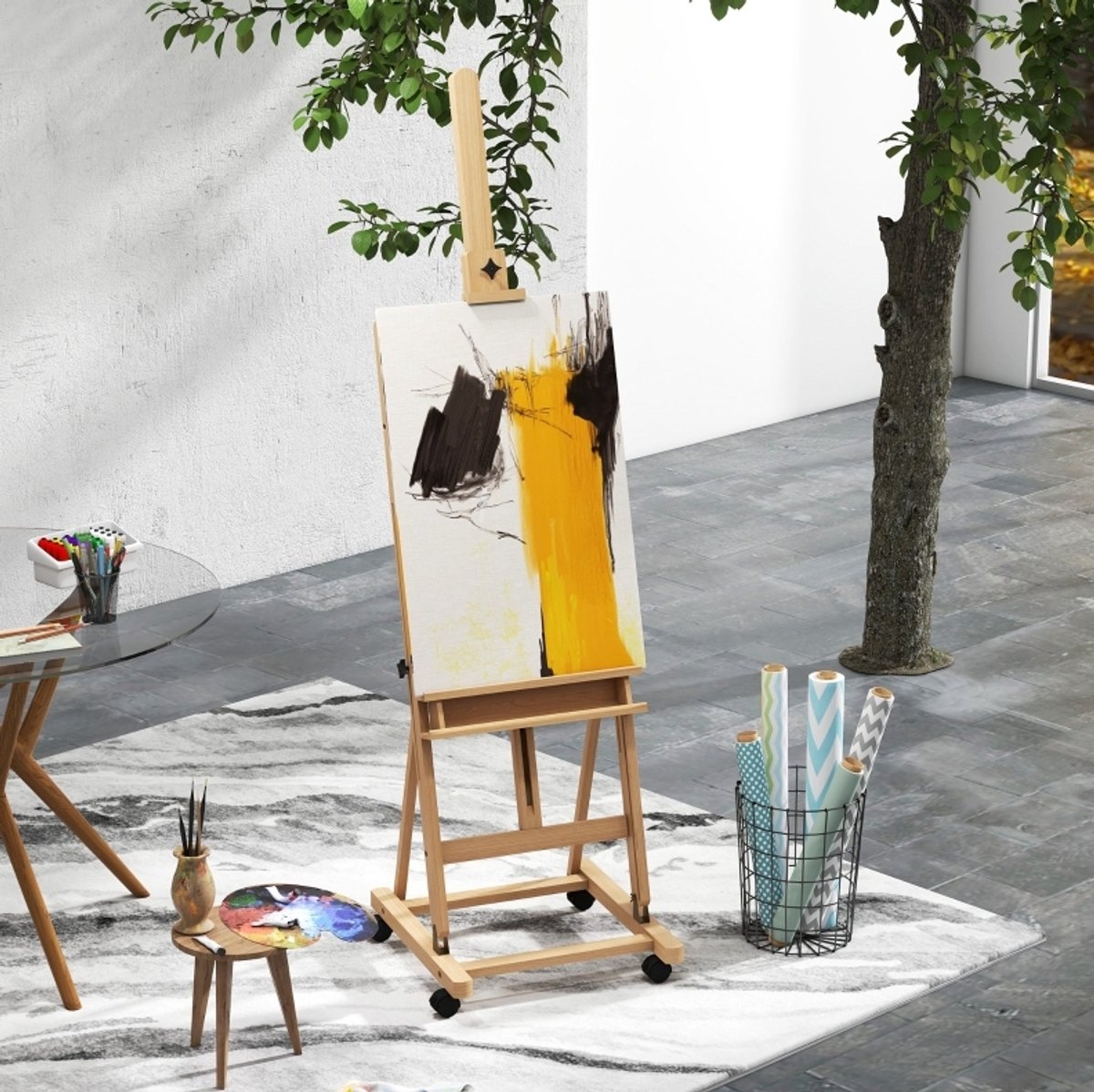 REDOM - Schildersezel - Verstelbare hoogte en hoek - Driepoot met 4 wielen - Opklapbaar - Kunst en atelier - Beukenhout - Natuurlijk hout en zwart - 238 cm