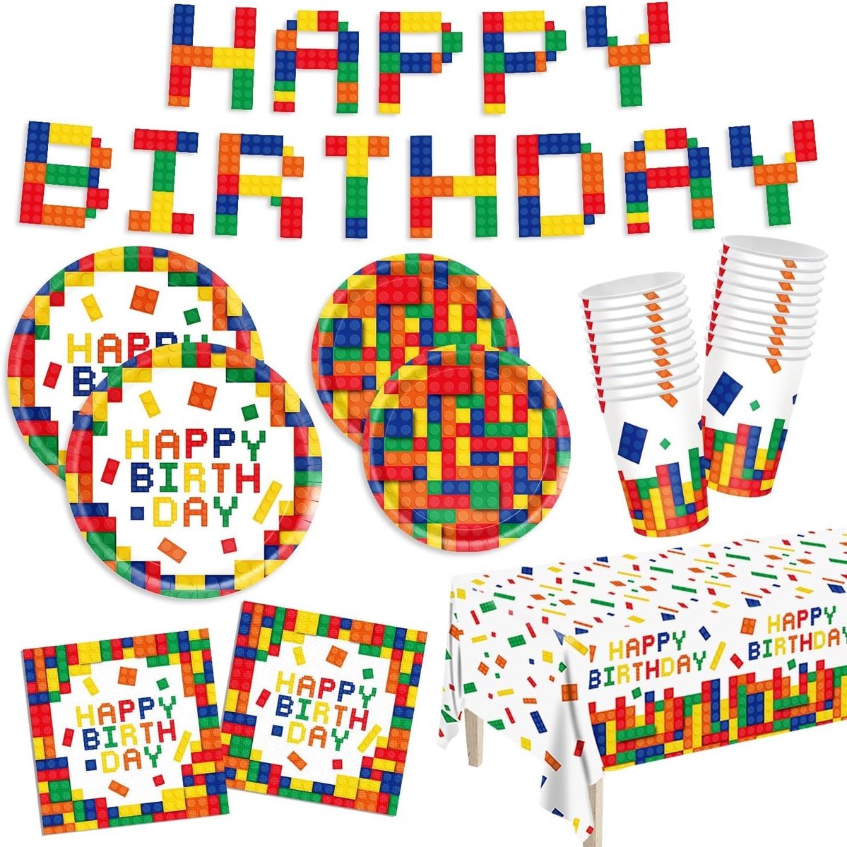 Papieren tafelgerei 102-delig - Bouwblok ontwerp - Voor jongens verjaardagsfeest - Inclusief banner en tafelkleed - ShopVlot