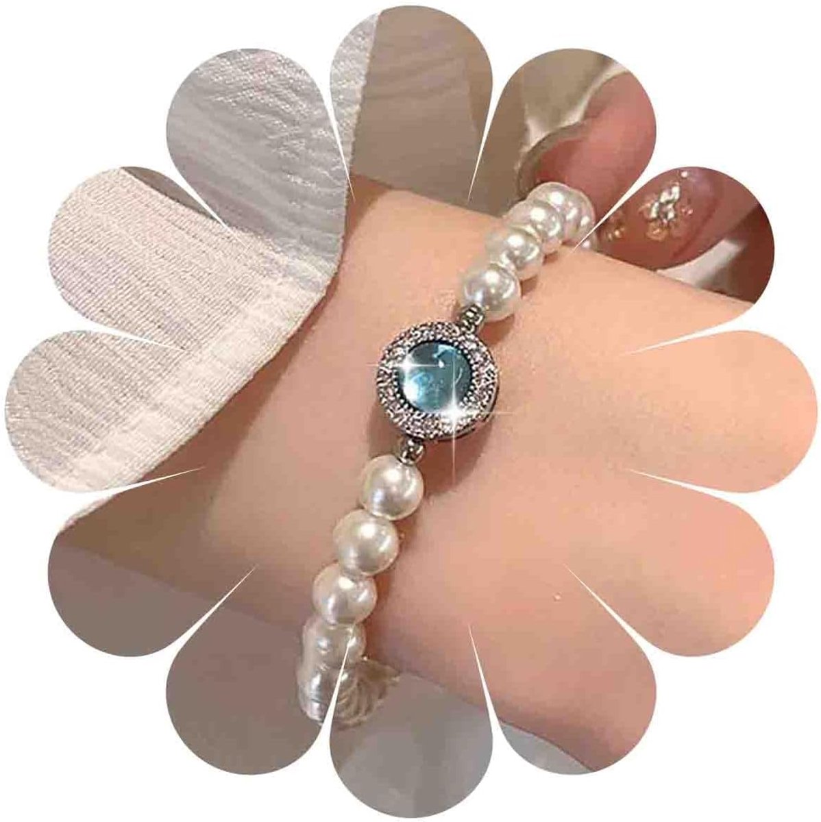 Vintage armband met saffierkleurige kralen - blauwe kristallen en parels - elegante hand- en enkelband voor vrouwen - ShopVlot