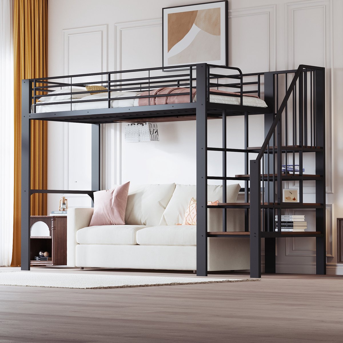 MEUNIQ Hoogslaper 90 x 200 cm met trap en ruime opbergruimte onder het bed, metalen bedframe voor slaapkamer, zwart White