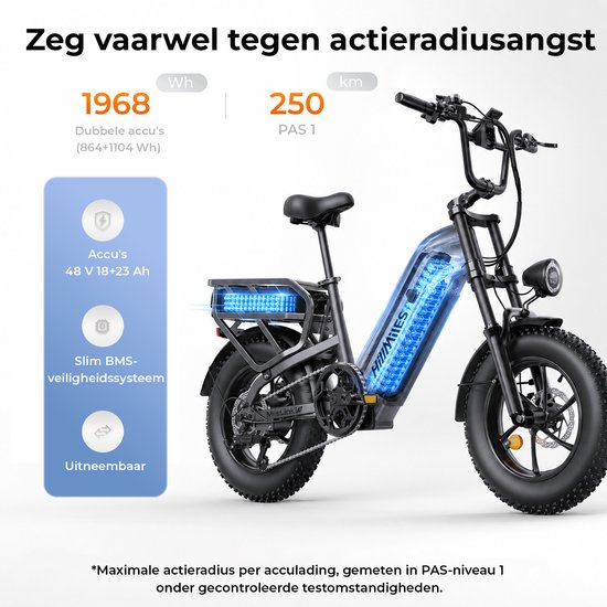 HillMiles MileLink 1 Elektrische fiets 250W 65Nm | Dubbele accu 48V (18+22,5Ah) | Hydraulische remmen, brede banden, grote achterdrager | Inclusief kinderfietszitje en voormand‑set, Stads‑ en terreinfiets, Groen — afbeelding 3
