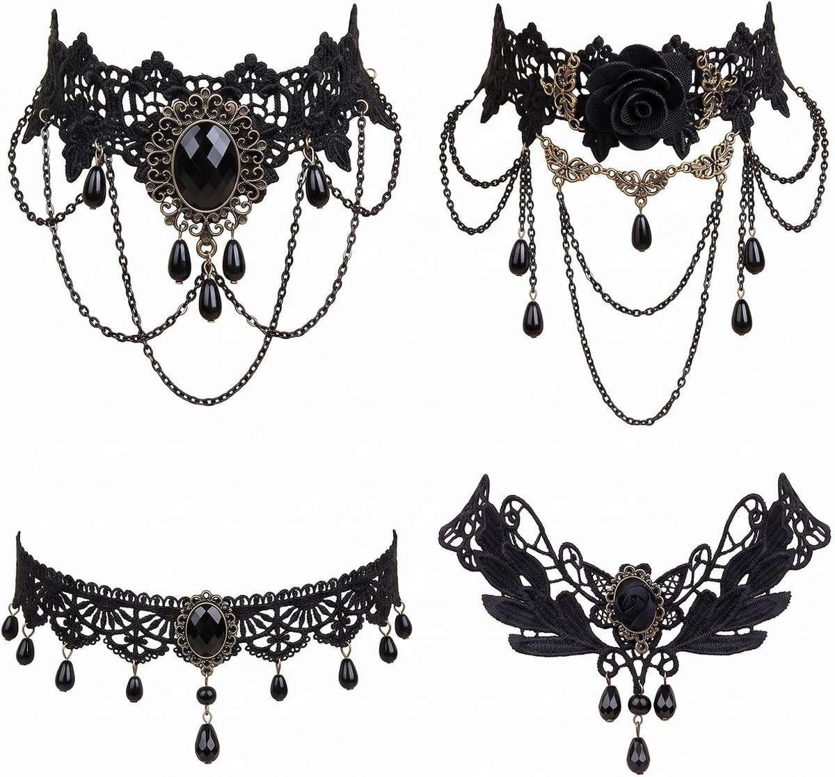 KOHVAN 4 stuks gothic halskettingen dames zwart kant choker set, vintage halsband Victoriaanse sieraden voor Halloween - ShopVlot