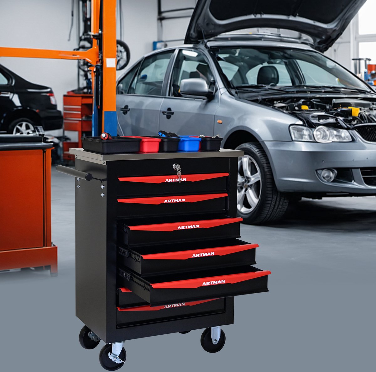 REDOM - Gereedschapswagen - 7 laden - Op wielen - Afsluitbaar met sleutelslot - Stalen werkblad - Werkplaats en garage - Staal - Zwart Rood - 62,5 x 34,5 x 78 cm