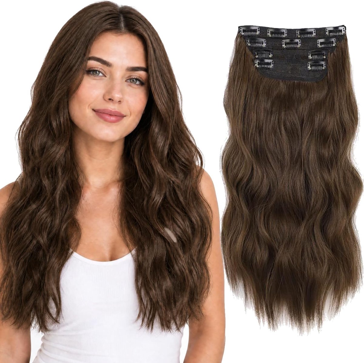 Hair Extensions Clip-in Brown Curly Hair - 4 Piece Set Heat Resistant Synthetic Hair - ShopVlot