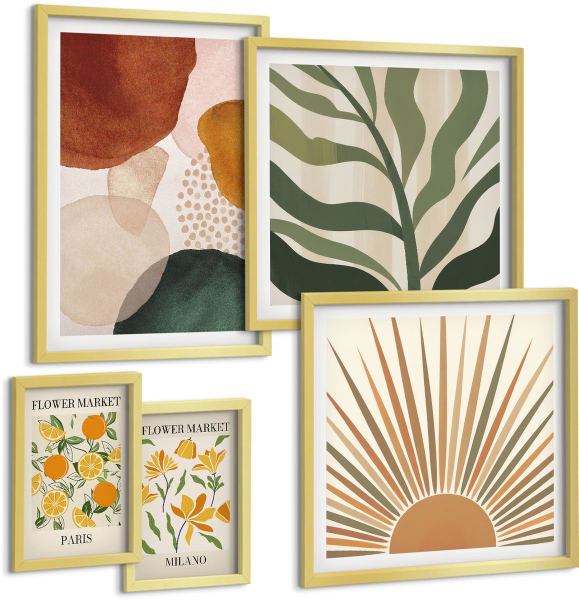 TULUP 5-Delige Schilderij Set - Stijlvolle afbeeldingen met plantaardige en geometrische motieven. - 50 x 50 cm, 20 x 30 cm en 40 x 60 cm - Wanddecoratie - Moderne Interieurdecoratie - Decoratieve Schilderijen Gouden lijst