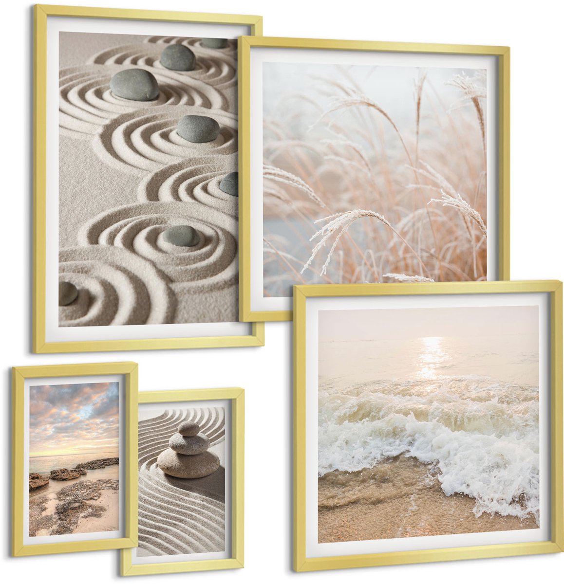 TULUP 5-Delige Schilderij Set - Rustgevende natuurlandschappen met stenen en zeegolven - 50 x 50 cm, 20 x 30 cm en 40 x 60 cm - Schilderijen Set - Wanddecoratie - Woonkamer - Interieur Decoratie Gouden lijst