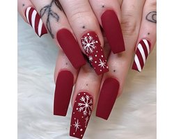 Ceboic 24 Pcs Nail Glue Artificial Nails Medium Coffin Red White Snowflakes French False Nails Acrylic Finger Nails - ShopVlot