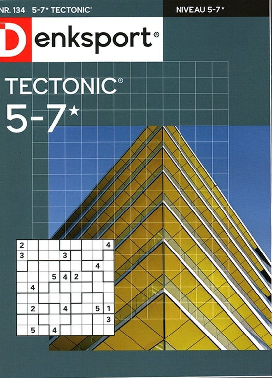 Denksport Tectonic 5-7*, met een puzzel en foto van een glimmend geel gebouw.
