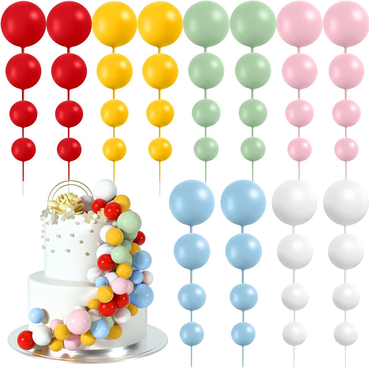 48 stuks taartdecoratieballonnen, cupcakeballonnen, schuimrubberen ballen voor verjaardagsfeest, bruiloft, taartdecoratie (rood, geel, groen, roze, blauw, wit)