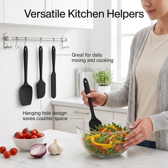 Set van 4 siliconen lepels, set siliconen keukengerei, siliconen kook- en menglepels, ontwerp uit één stuk, bakgereedschap voor bakken, koken, roeren, deeg, crèmes en algemeen keukengebruik — afbeelding 4
