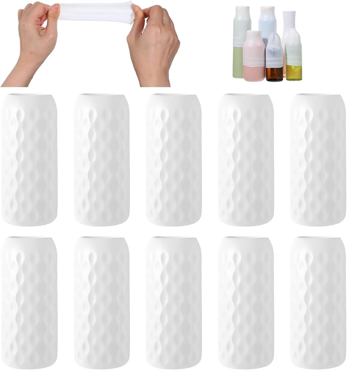 10 stuks lekvrije hoezen voor reiscontainers, siliconen reisflessenhoezen | Elastische beschermhoezen voor cruise, strandvakantie, herbruikbare flessenhoes, shampoo, douchegel (wit)