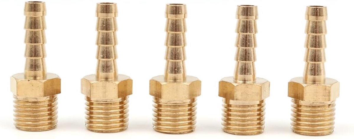 5 stuks 6 mm naar 1/4 inch BSP slangaansluiting van massief messing met tegenhaken op BSP-buitendraad, vijver-/zwembad-/slangpijpadapter