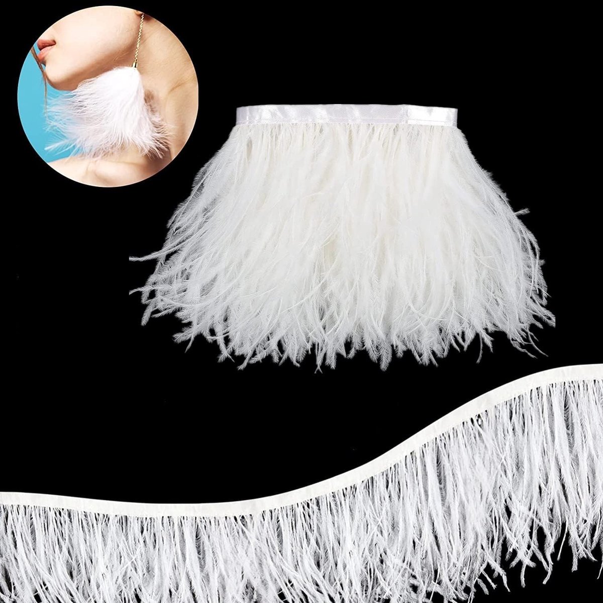 franjeszoom met satijnen lint voor jurk, om te knutselen, kostuums, carnaval, Halloween, knutseldecoratie (wit)