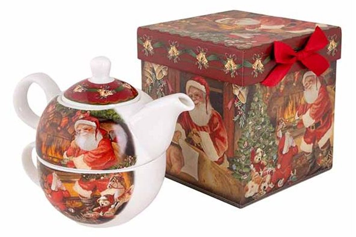 Giftbox Tea For One Santa Rood Groen 14x 14xh15cm Vierkant Porselein